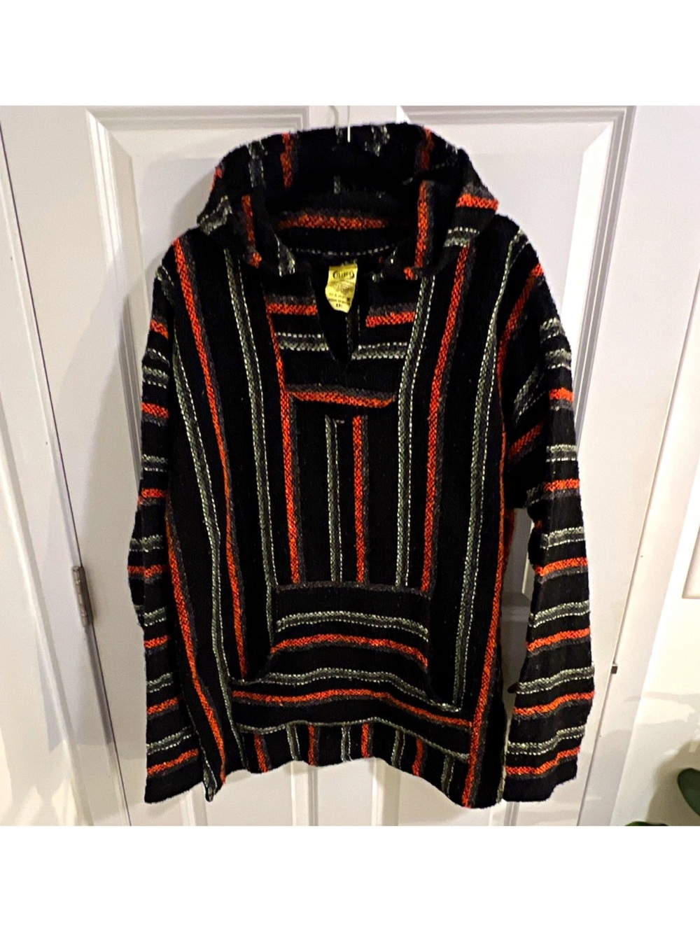 Men's Black & Orange Striped Pullover Baja Sweater Hoodie Mexico